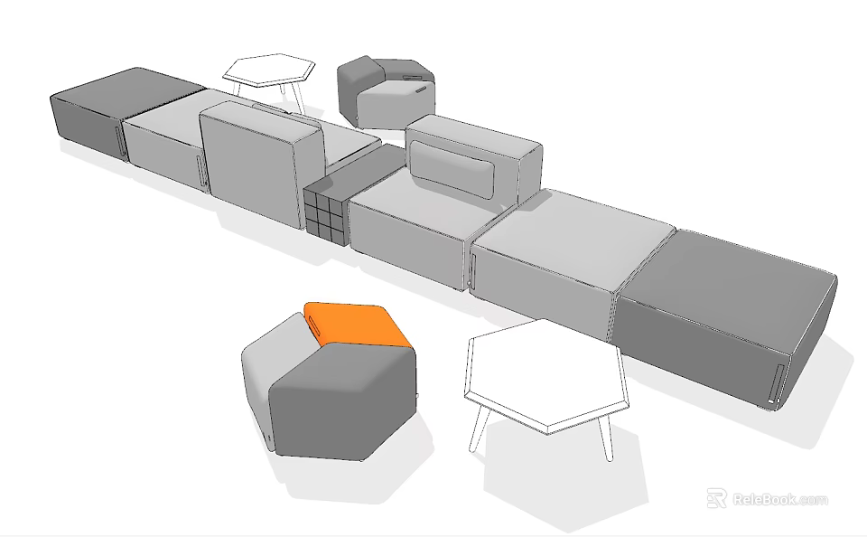 Modern Modular Sectional Sofa With Gray Upholstery Orange Accent Stools And White Side Table 3d model