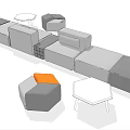 Modern Modular Sectional Sofa With Gray Upholstery Orange Accent Stools And White Side Table 3d model