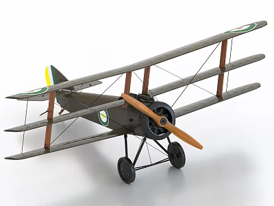 Vintage Gray Biplane Fighter Aircraft Model with Green Wing Insignia and Wooden Propeller 3d model