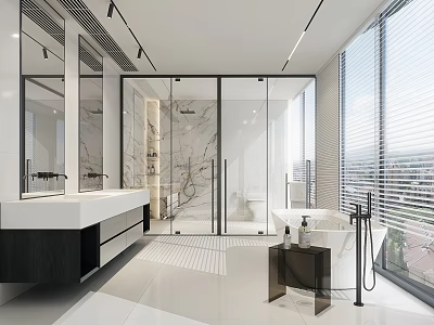 Modern Bathroom Interior Design With Marble Walls Glass Shower And Freestanding Tub 3d model