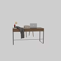 Wooden Desk With Black Metal Legs Laptop Gray Striped Scarf Orange Ball And Decorative Items