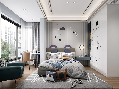 Starry Themed Kids Room With Moon Star Decor Desk Wardrobe And Welcome Rug 3d model
