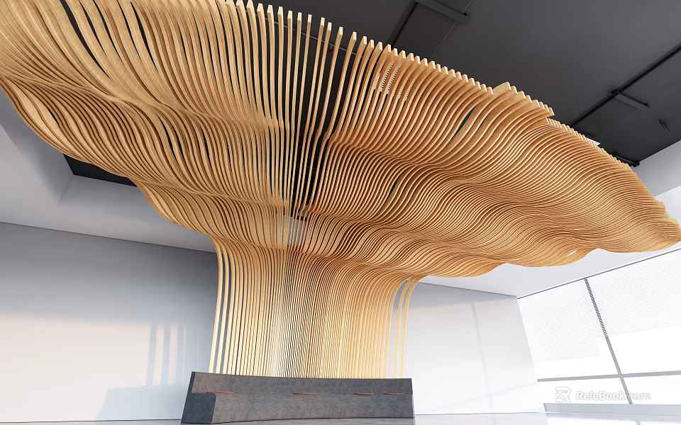 Modern Wooden Wavy Ceiling Design With Curved Slats And Interior Wave Pattern 3d model 
