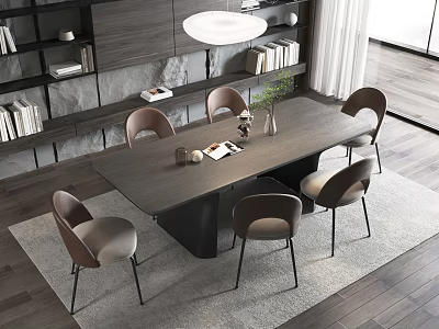 Modern Dining Table Set With Wooden Top Six Chairs Fabric Seats And Pendant Light 3d model