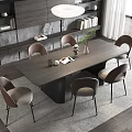 Modern Dining Table Set With Wooden Top Six Chairs Fabric Seats And Pendant Light