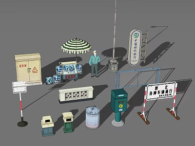 Municipal Road with Construction Barriers Trash Bins Directional Signboards and Street Lamp 3d model