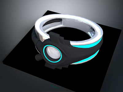 Futuristic Ring Design With Silver Black Metallic Band Blue Glowing Stripe And Circular White Center 3d model