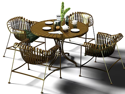 Round Woven Dining Table Set With Metal Frame Chairs And Tableware Green Plant 3d model
