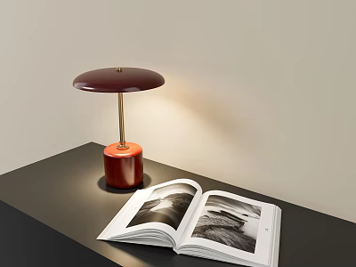 Modern Table Lamp With Red Base Golden Pole Warm Light And Open Book On Desk 3d model