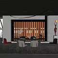 Modern Restaurant Interior With Red Accent Wall Dining Table And Colorful Chairs
