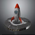 Space Rocket Model with Red Tip Silver Body on Circular Launch Pad and Warning Stripe