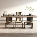 Minimalist Wooden Tea Table and Chairs with Tea Set and Small Plant in Light Room