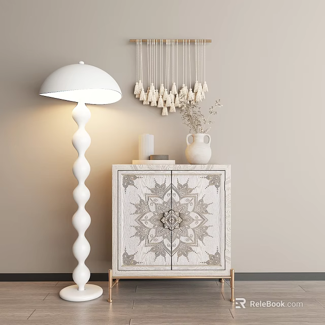 Minimalist Modern Console Table With White Spiral Floor Lamp And Hanging Decorations 3d model 