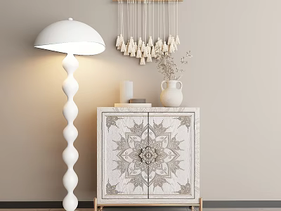 Minimalist Modern Console Table With White Spiral Floor Lamp And Hanging Decorations 3d model