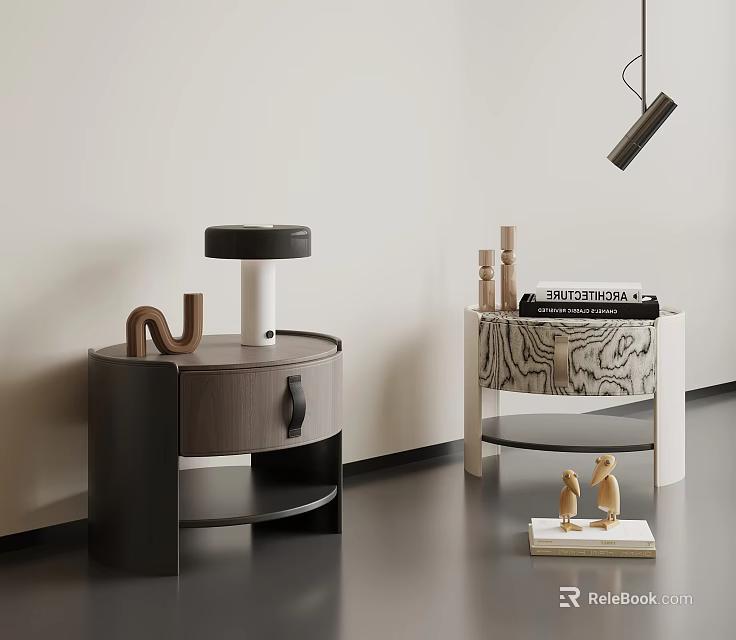 Modern Dark Wood Nightstand And Patterned Bedside Table With Drawer Books And Figurines 3d model 