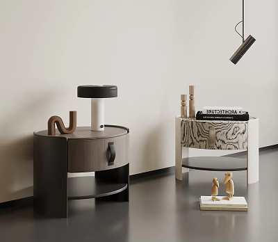 Modern Dark Wood Nightstand And Patterned Bedside Table With Drawer Books And Figurines 3d model