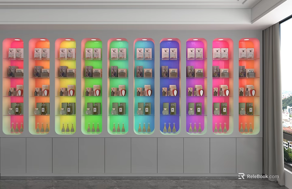 Colorful Display Shelves With Modern Design Showcasing Various Products In Retail Space 3d model 