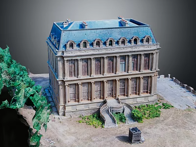 European Architecture With Blue Roof Arched Windows Classical Facade Steps And Green Plants 3d model