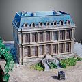 European Architecture With Blue Roof Arched Windows Classical Facade Steps And Green Plants