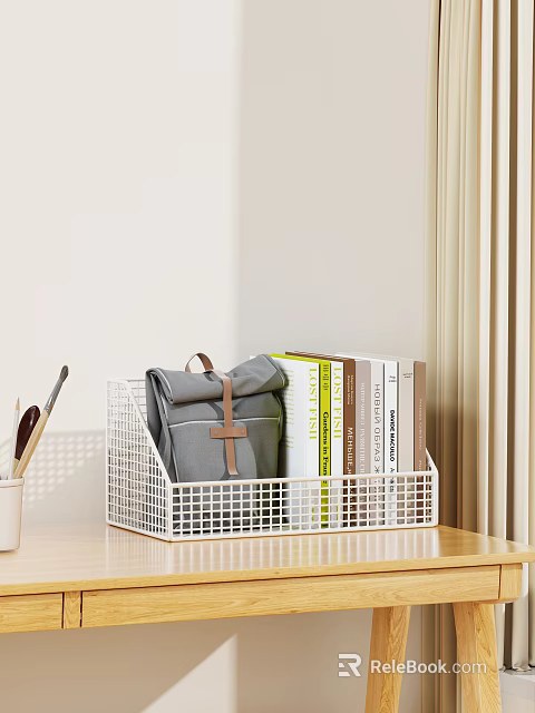 Study Room With White Grid Storage Basket Gray Backpack Books Scissors Brushes And Beige Curtains 3d model 