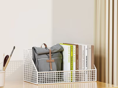 Study Room With White Grid Storage Basket Gray Backpack Books Scissors Brushes And Beige Curtains 3d model