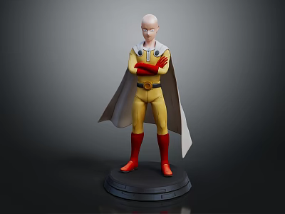 Bald Superhero Character Figurine With Yellow Uniform Red Boots and White Cape 3d model