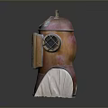 Vintage Copper Metal Weapon With Rustic Texture Round Openings Grilled Square Panel And White Base