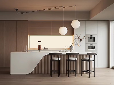 Modern Restaurant Interior With Curved White Counter Wooden Accents Pendant Lights And Bar Stools 3d model