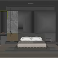 Modern Dark Bedroom Interior With Paneled Headboard Wall Ambient Lighting And Leather Bed