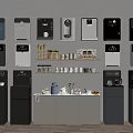 Various Coffee Machines And Kitchen Supplies Display On Wall Shelves