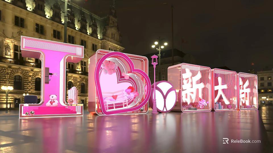 Outdoor Night Display With Large Pink Letters And Heart Shaped Structure 3d model 