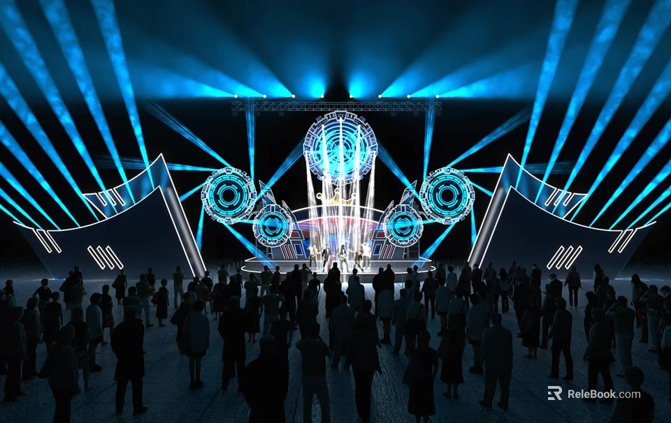 Concert Stage With Blue Lighting Effects Central Sphere And Crowd Audience 3d model 