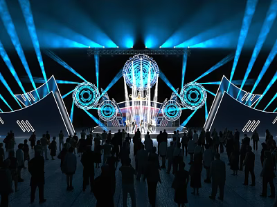 Concert Stage With Blue Lighting Effects Central Sphere And Crowd Audience 3d model