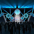 Concert Stage With Blue Lighting Effects Central Sphere And Crowd Audience