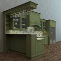 Green Kitchen Cabinets With Decorative Molding Tile Backsplash And Stainless Steel Appliances