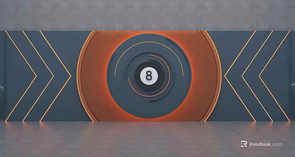 Modern Gray Wall Featuring Orange Blue Circular Pattern Number 8 And Golden Geometric Lines 3d model 