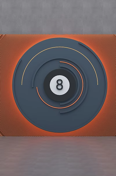 Modern Gray Wall Featuring Orange Blue Circular Pattern Number 8 And Golden Geometric Lines 3d model