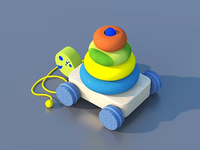 Colorful Stacked Toy with Wheeled Base and Pull String for Kids Play 3d model