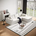 White L Shaped Sofa And Round Coffee Table Set On Black White Checkered Rug With Large Windows 3d model