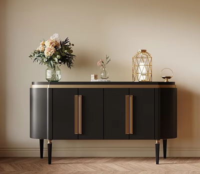 Stylish Black Entryway Console Cabinet With Golden Handles And Decorative Ornaments 3d model