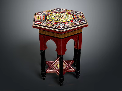 Hexagonal Entertainment Table With Colorful Mosaic Top And Arched Decorative Legs 3d model