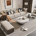 Modern Beige Sofa and Coffee Table Set with Decorative Pillows Ottoman and Round Table 3d model