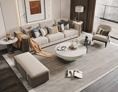 Modern Beige Sofa and Coffee Table Set with Decorative Pillows Ottoman and Round Table 3d model