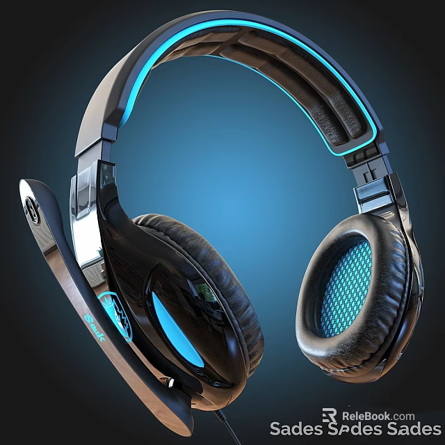 Black Gaming Headphones With Blue LED Lights Comfortable Ear Cushions And Adjustable Microphone 3d model 