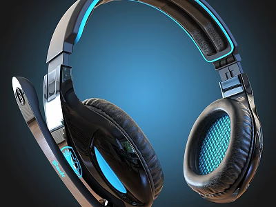 Black Gaming Headphones With Blue LED Lights Comfortable Ear Cushions And Adjustable Microphone 3d model