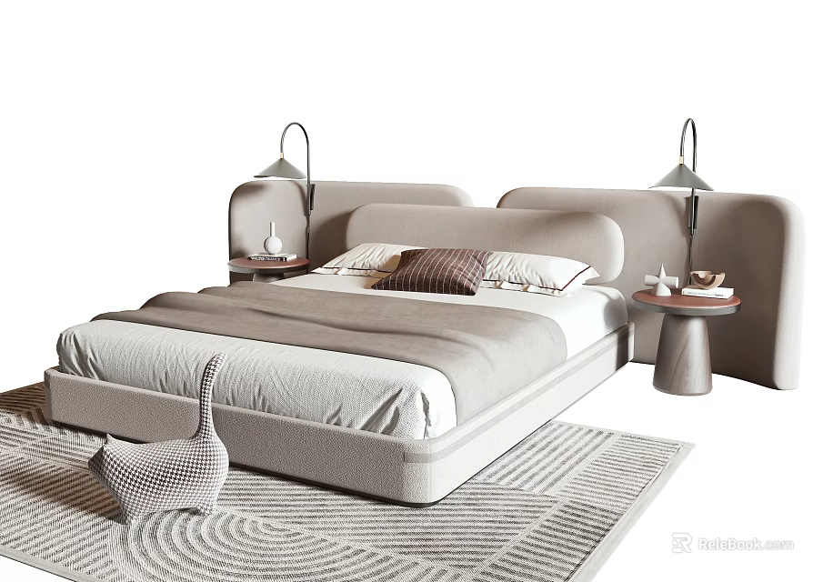 Modern Double Bed Interior With Bedside Tables Table Lamps Pillows And Soft Rug 3d model 