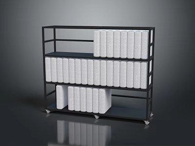 Industrial Equipment Storage Rack With Black Metal Frame Multiple Shelves And White Rolled Supplies 3d model