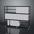 Industrial Equipment Storage Rack With Black Metal Frame Multiple Shelves And White Rolled Supplies