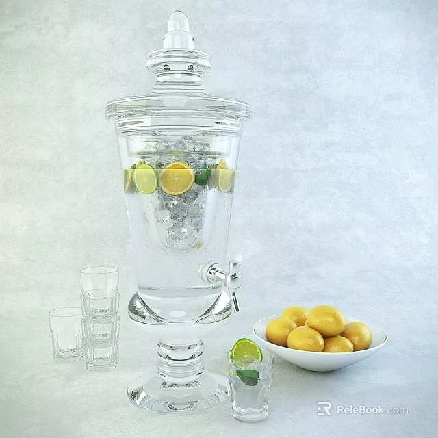 Refreshing Beverage in Clear Glass Dispenser with Ice Cubes Lemon Slices Glasses and Fresh Lemons 3d model 