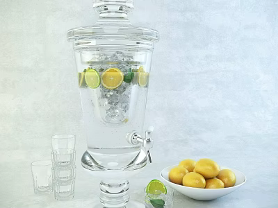 Refreshing Beverage in Clear Glass Dispenser with Ice Cubes Lemon Slices Glasses and Fresh Lemons 3d model